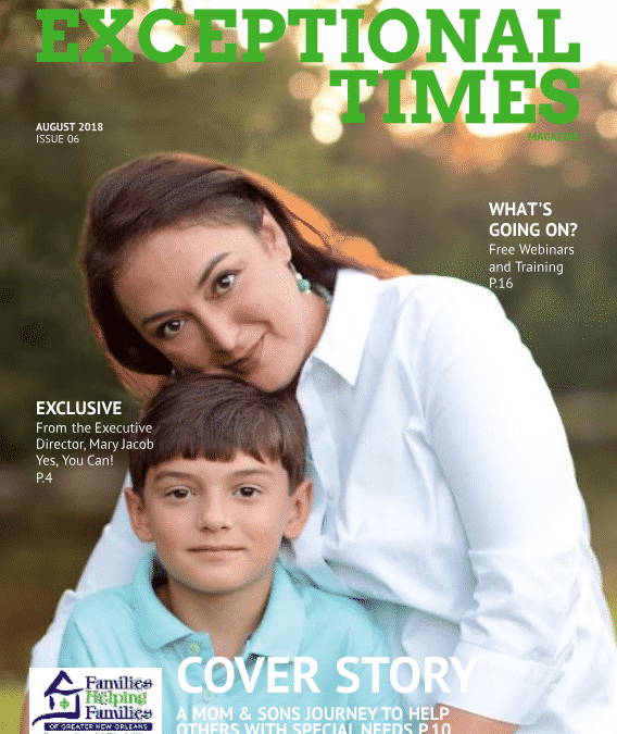 Quiet Calm founder with son on cover of Exceptional Times, the monthly publication from Families Helping Families